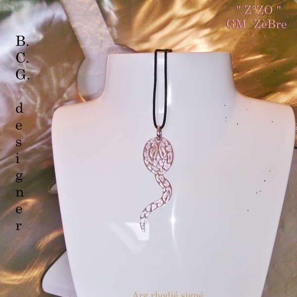 Z°ZO Zag-Zig Zèbre 4 cm Pendentif sur Cordon Argent Rhodié